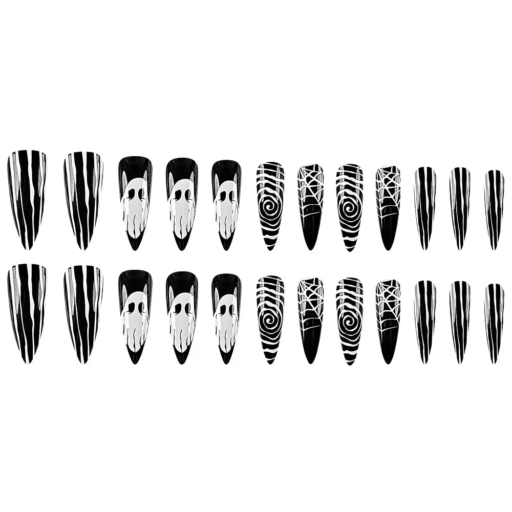 Hnewly Halloween Nails 24pcs Black Cool False Nails with Ghost Spider Web Pattern Decor Almond Fake Nail Tips Wearable Halloween Party Press on Nails