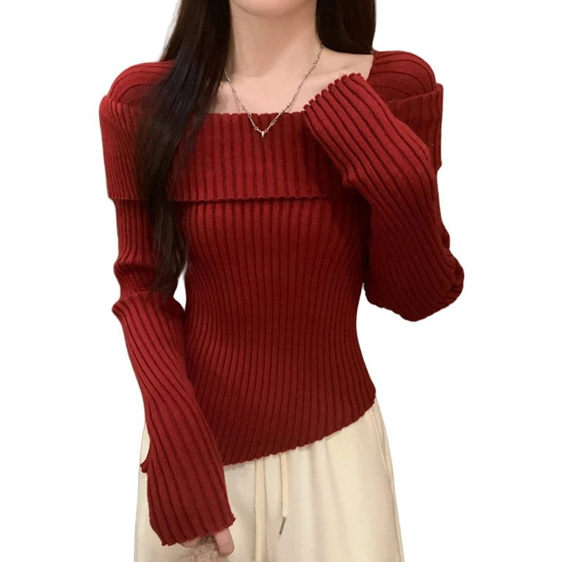 Hnewly Women Knitted Sweater Solid Color Square Collar Long Sleeve Asymmetrical Hem Crop Top y2k Aesthetic Clothing Streetwear