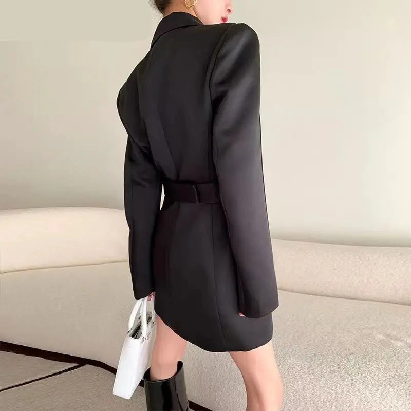 Hnewly Spring and Autumn High end Waist Slimming Suit Coat Women Top Casual British Mid length Outwear Black Blazers Women Clothing