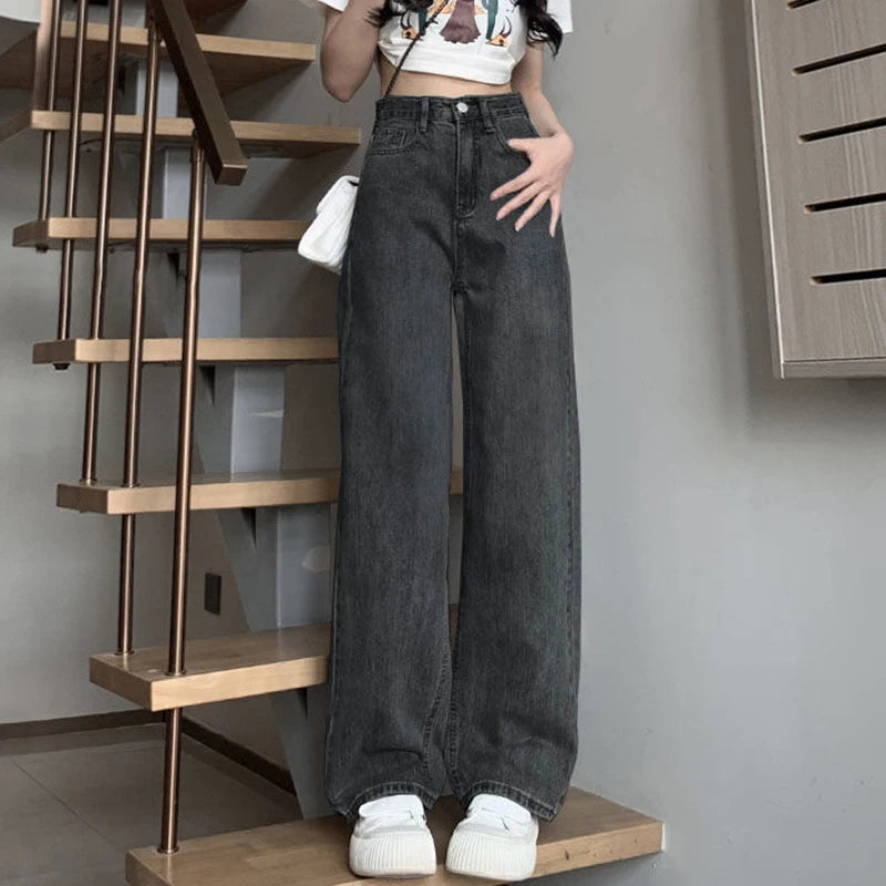 Hnewly Woman Vintage Wide Leg Jeans Girls High Waist Pants Female Fashion Black Black Grey Retro Blue Light Blue Pink Denim Trousers