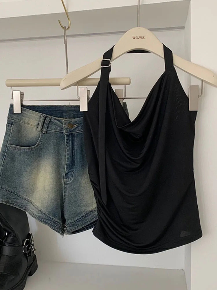 Hnewly New Design Black Camisole Chic Vintage Sexy Style Off Shoulder Casual Vest Sleeveless Slim Crop Top Simple High Street Gothic