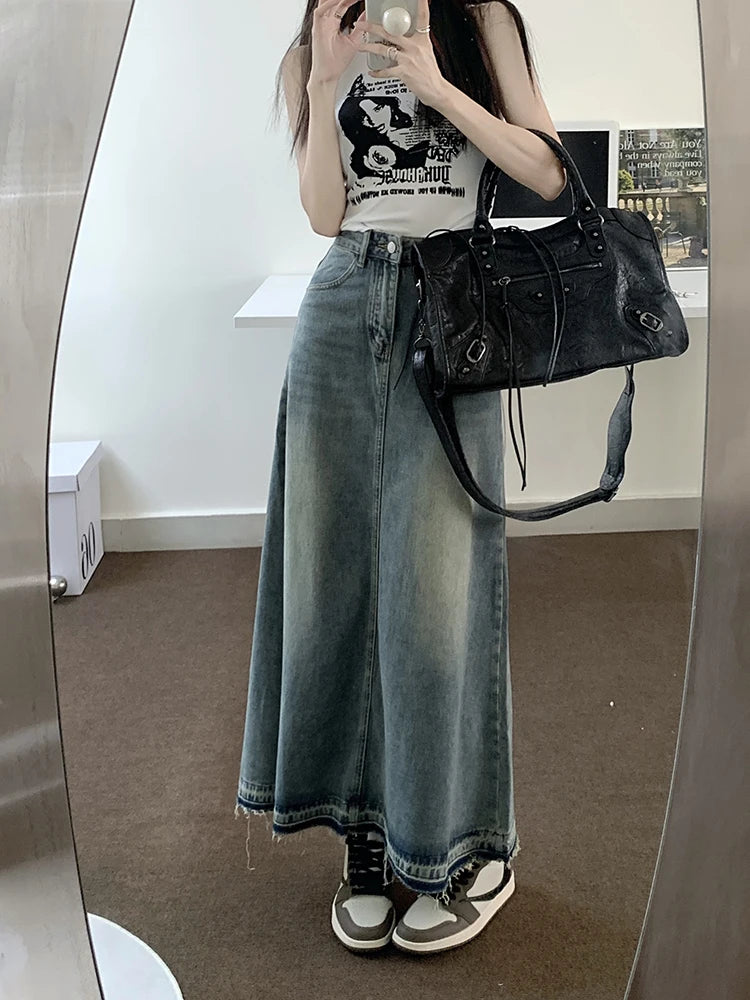 Hnewly Y2k Raw Edge Stitch Maxi Denim Skirt Plain Casual High Waist Long Jeans Skirt Korean Dongdaemun Retro Women Streetwear