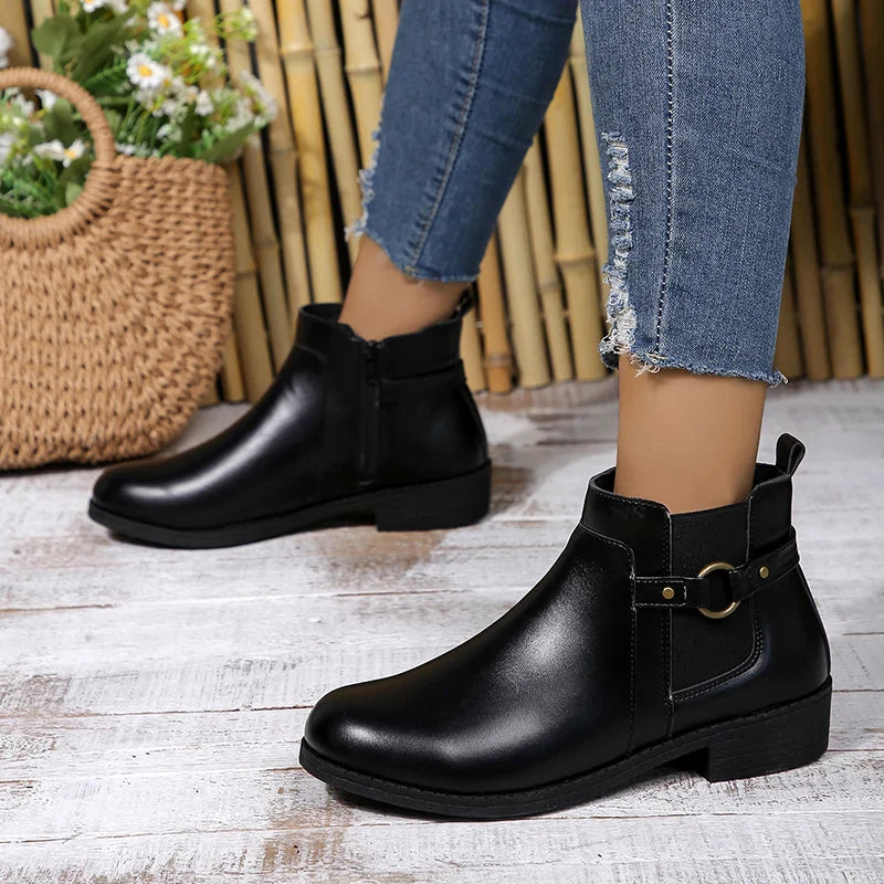 Hnewly Pu Leather Classics Black Thick Heel Ankle Boots Metal Zipper Low Platform Woman Shoes Winter Round Toe Slip On Short Boots