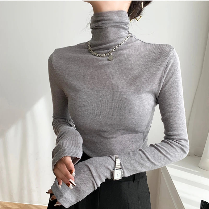 Hnewly Turtleneck Long Sleeve Women T-shirts Autumn Winter Basic Base Shirt Woman Casual Slim Tee Shirts Female Tops