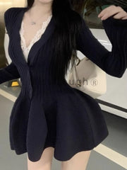 Hnewly DRESS TO IMPRESS Winter Korean Fashion V Neck Knit Dress Women Designer Sweet Slim Sweater Dresses Female Retro Solid Y2k Knitted Dress New