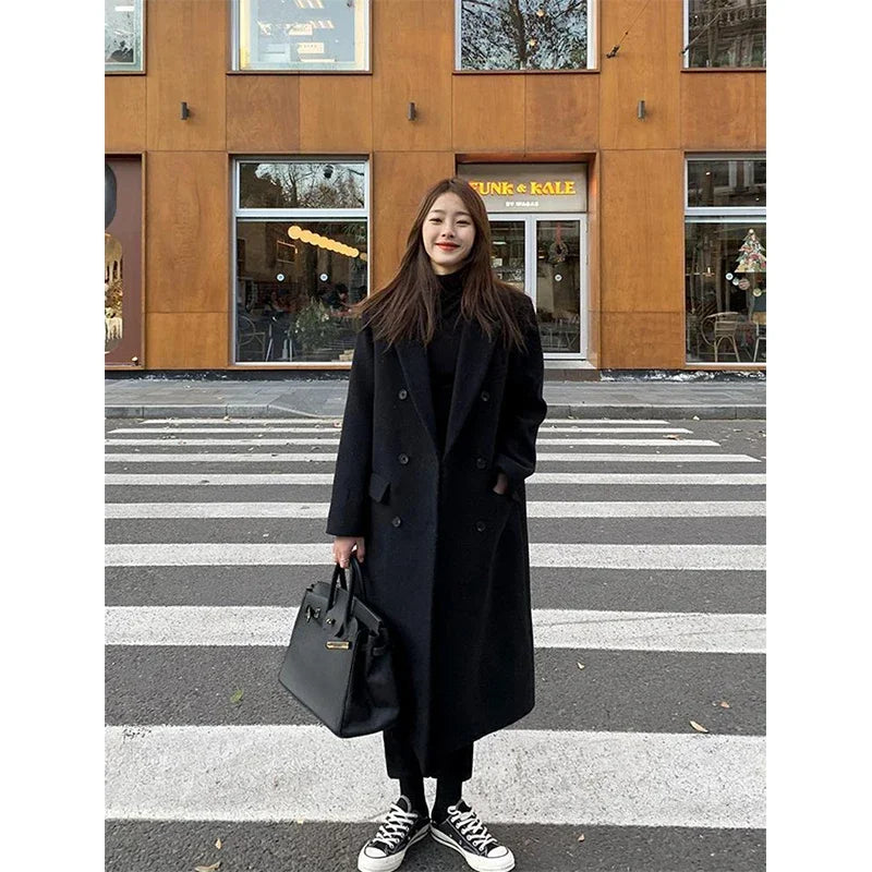 Hnewly outfit inspo winter Long Wool Blends Coats Women Streetwear Black Blazer Korean Quilted Woolen Jackets Winter Elegant Overcoat Thick Outerwear