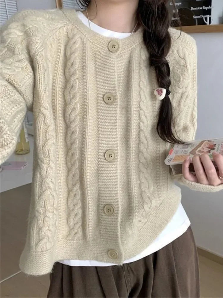 Hnewly Korean Fashion Cropped Cardigan Women Vintage Twisted Knitted Sweater Casual Basic Solid Long Sleeve Tops Autumn Winter