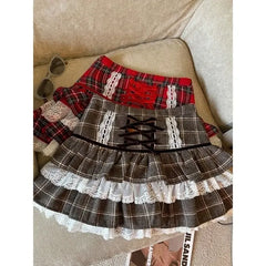 Hnewly Kawaii Ruffle Lace Plaid Skirts Women Sweet Elegant Mini Skirt Cutecore Autumn Winter Patchwork A-line Short Skirts