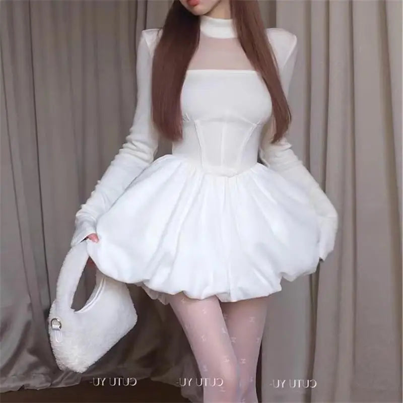 Hnewly DRESS TO IMPRESS Turtleneck Mesh Patchwork Hollow Out Mini Dress Women Sexy Slim Long Sleeve Solid Winter Fashion Chic Party Dresses Ball Gown