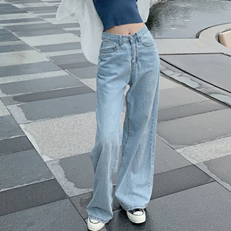 Autumn Spring Jeans Women Denim Pants Vintage Straight Trousers Fashion Female White Black Solid Loose Casual Wide Leg Pants