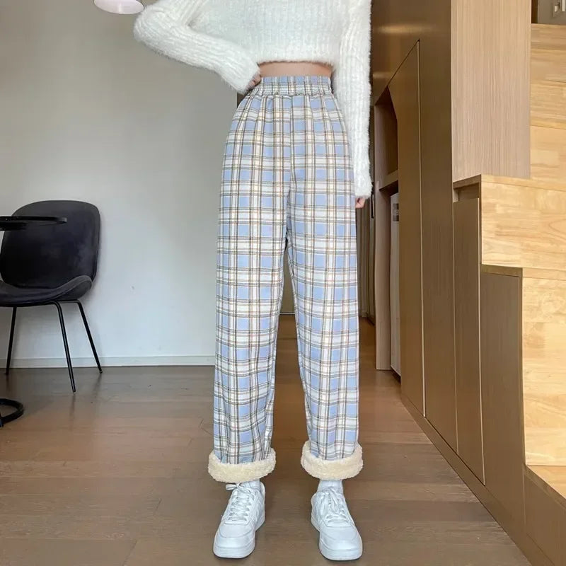 Hnewly Fashion Warm Plush Pants Cashmere Thick Plaid Ladies Winter Casual Loose Wide-legged Pants Korean Streetwear Students