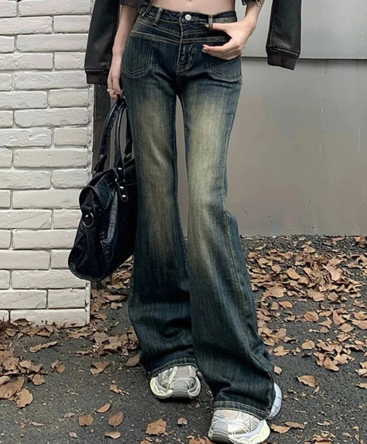 Hnewly Vintage Blue Washed Slim Y2k Female Jeans High Waist Full Length Casual Chic Pockets Fashion Women's Jeans Office Lady