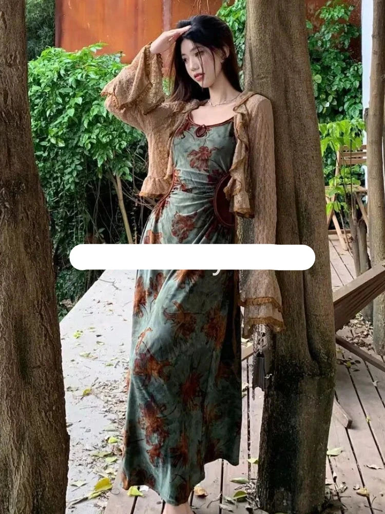 Hnewly DRESS TO IMPRESS Vintage Elegant Floral Slip Dress Women Hollow Out Designer Korean Velvet Long Dress Female Autumn Matching Two Piece Dress Set