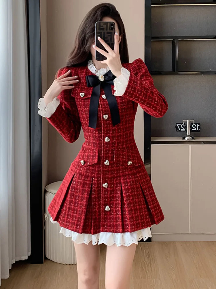 Hnewly French Light Luxury Tweed Pleated Dress Korean Sweet Long Sleeve Heart-shaped Buckle Ruffle Chic Office Ladies Vintage Dresses