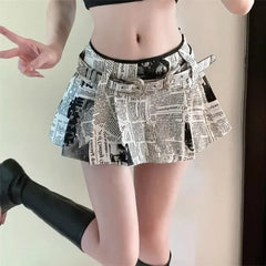 Hnewly American Printed Pleated Skirts Autumn New Low Waisted A-line Skirt for Women Y2k Grunge Faldas Mujer Newspaper