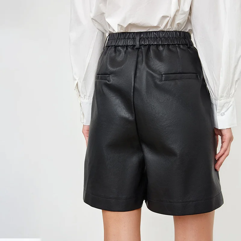 Hnewly Pu Leather Women Shorts Button Quality Wide Leg Faux Leather Shorts England Style High Waist Loose Shorts Femme Womens Clothing