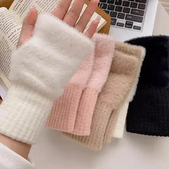 Hnewly Mink Fleece Soft Winter Half Finger Gloves Women Warm Luxury Solid White Plush Knitted Fingerless Gloves Wrist Mittens Writting