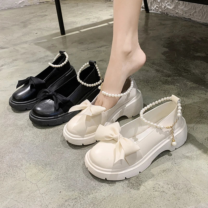 Hnewly Fashion Mary Jane Shoes Women Spring/summer New Pearl Bow Single Shoe Chunky Heel Small Leather Shoes