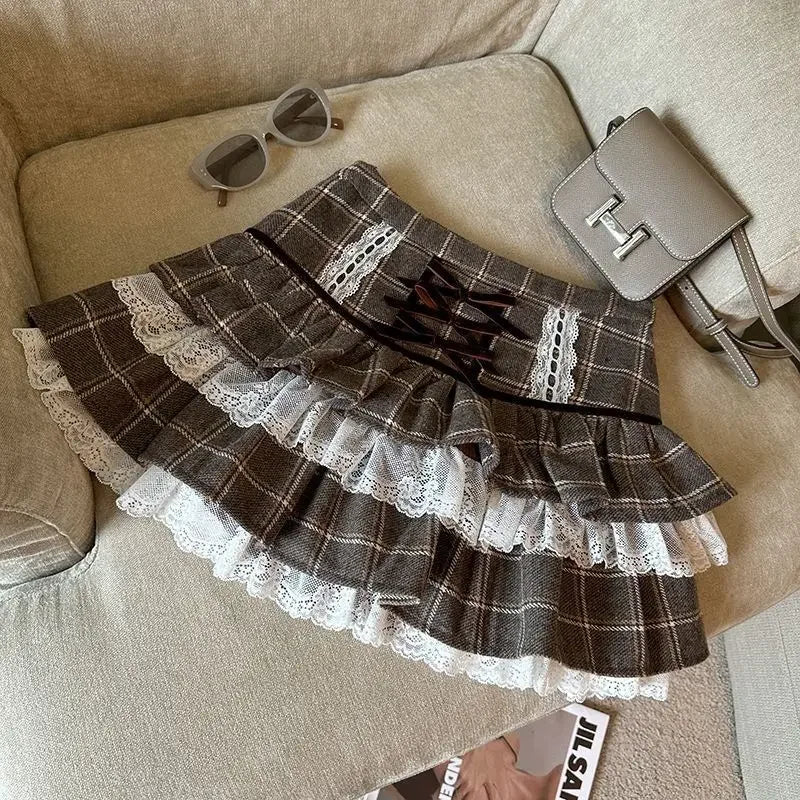 Hnewly Kawaii Ruffle Lace Plaid Skirts Women Sweet Elegant Mini Skirt Cutecore Autumn Winter Patchwork A-line Short Skirts