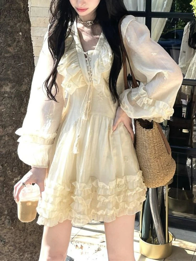 Hnewly Sweet Ruffle Fairy Mini Dress Women Sexy V-neck Korean Style Princess Dress Autumn Design Elegant Women's Dresses for Party