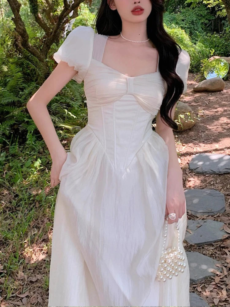 Elegant Korean Fairy Dress Women White Sweet Puff Sleeve Casual Dress Female Court Vintage Party Midi Dress 2024 Summer Fashion