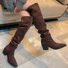 Hnewly Designer Vintage Women Knee High Boots Fashion Slip On Long Booties Autumn Winter Thick Heels Ladies Shoes