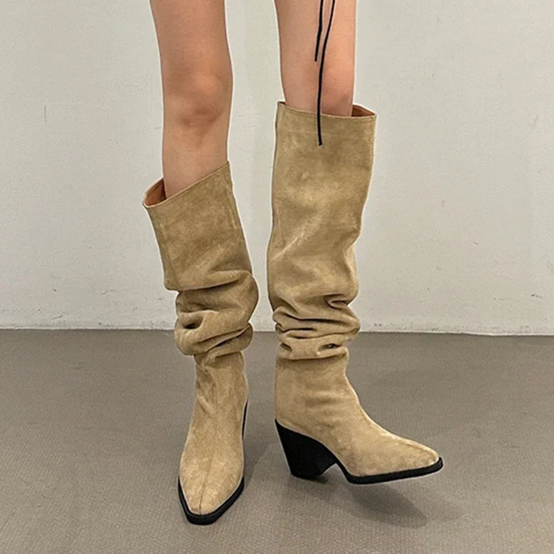 Hnewly Designer Vintage Women Knee High Boots Fashion Slip On Long Booties Autumn Winter Thick Heels Ladies Shoes