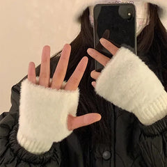 Hnewly Mink Fleece Soft Winter Half Finger Gloves Women Warm Luxury Solid White Plush Knitted Fingerless Gloves Wrist Mittens Writting