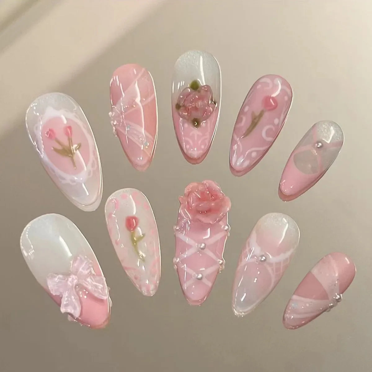 Hnewly 24pcs Sweet False Nail Patches Detachable Fake Nail Tips With Bowknots Love Heart Pearl Design Pink Almond Korean Press On Nail