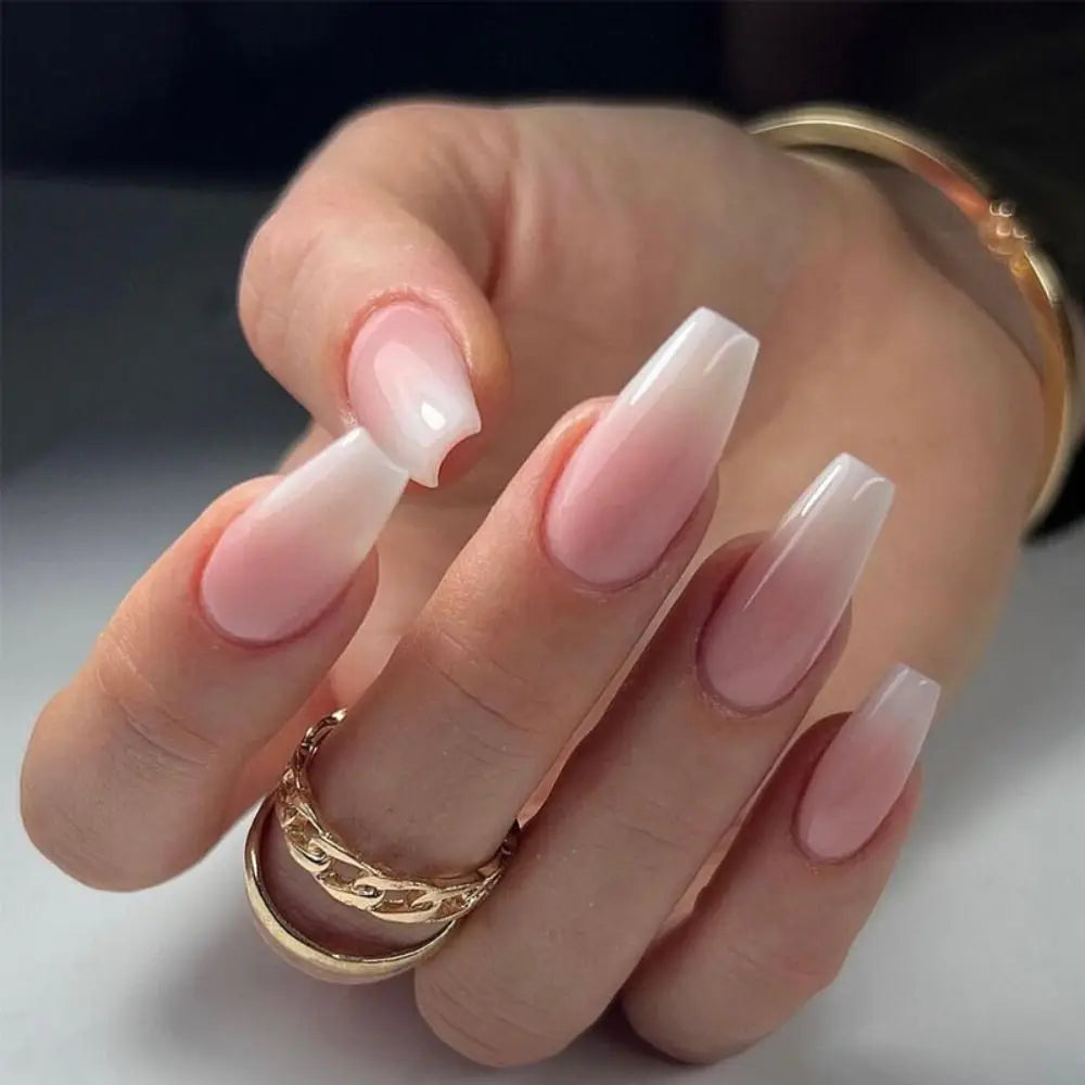 Hnewly 24pcs White Gradient Fake Nails Long Ballet French False Nail Press on Nails Waterproof Faux Fingernails Finished Patch