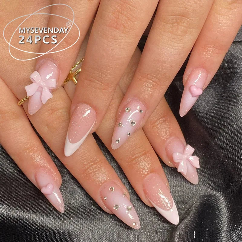 Hnewly 24PCS Pink Cute Girl Bow French Nail Art Full Cover Wearable Detachable Fake Nails Press On Nails Almond False Nail