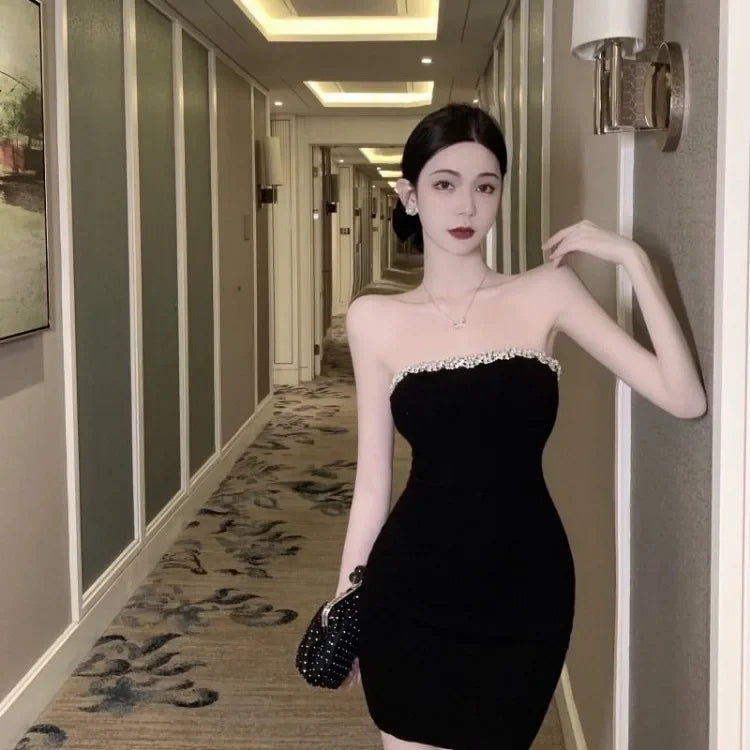 Hnewly Off Shoulder Diamond Strapless Dress for Women Sexy Slim Waist Black Bodycon Dresses 2025 Summer New Vestidos De Mujer