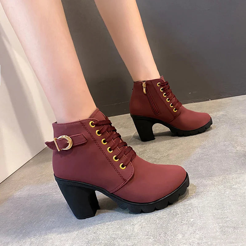 Hnewly Boots Women Shoes Women Fashion High Heel Lace Up Ankle Boots Ladies Buckle Platform Artificial Leather Shoes bota feminina