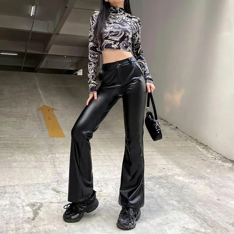 Hnewly leather pants outfits winter Women's Y2K Slim Fit Solid Flare Pu Leather Long Pants Button High Waist Elastic Trousers with Pockets Party Clubwear