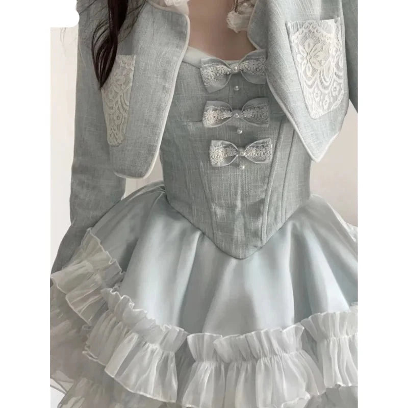 Hnewly Blue Sweet Kawaii Lolita Style Dress Sets Women Elegant Short Coat Bow Pearl Party Mini Dresses Suit Korean Y2k Sexy 2 Piece Set