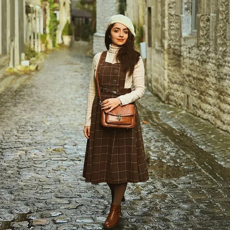 Hnewly DRESS TO IMPRESS Vintage Korean Two Piece Set Dress Women Autumn Winter Plaid Woolen Spaghetti Strap Dress With Belt Long Sundress Vestidos