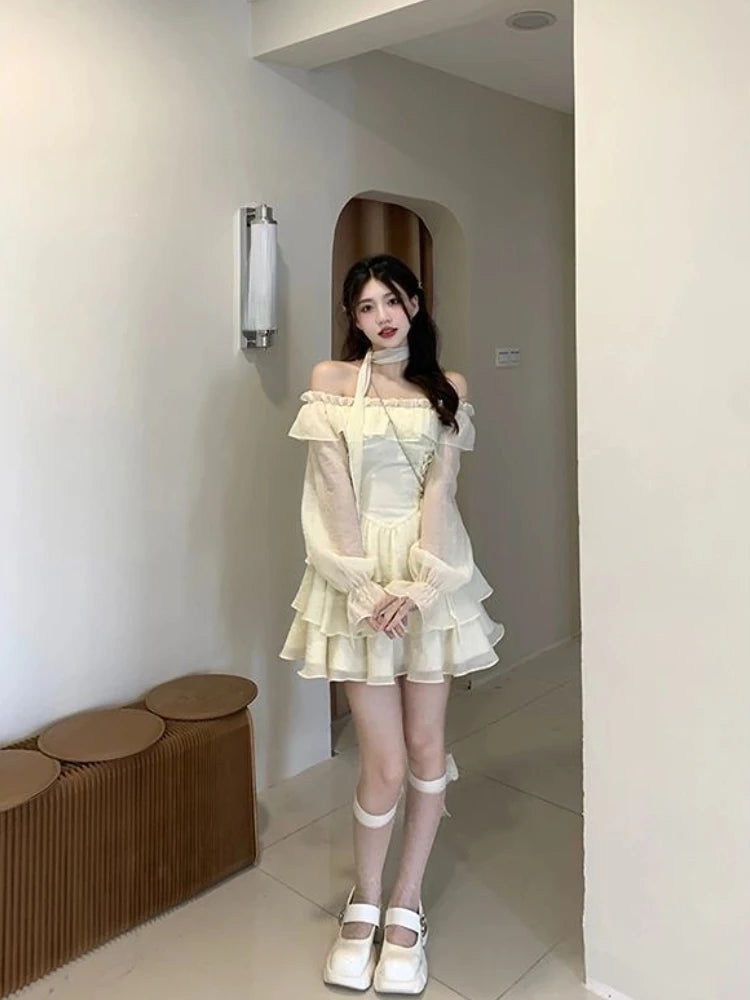 Hnewly Summer Elegant Ruffles Fairy Dress Women Casual Sweet Lolita Party Dress Long Sleeve One Piece Dress Korean Female Fashion