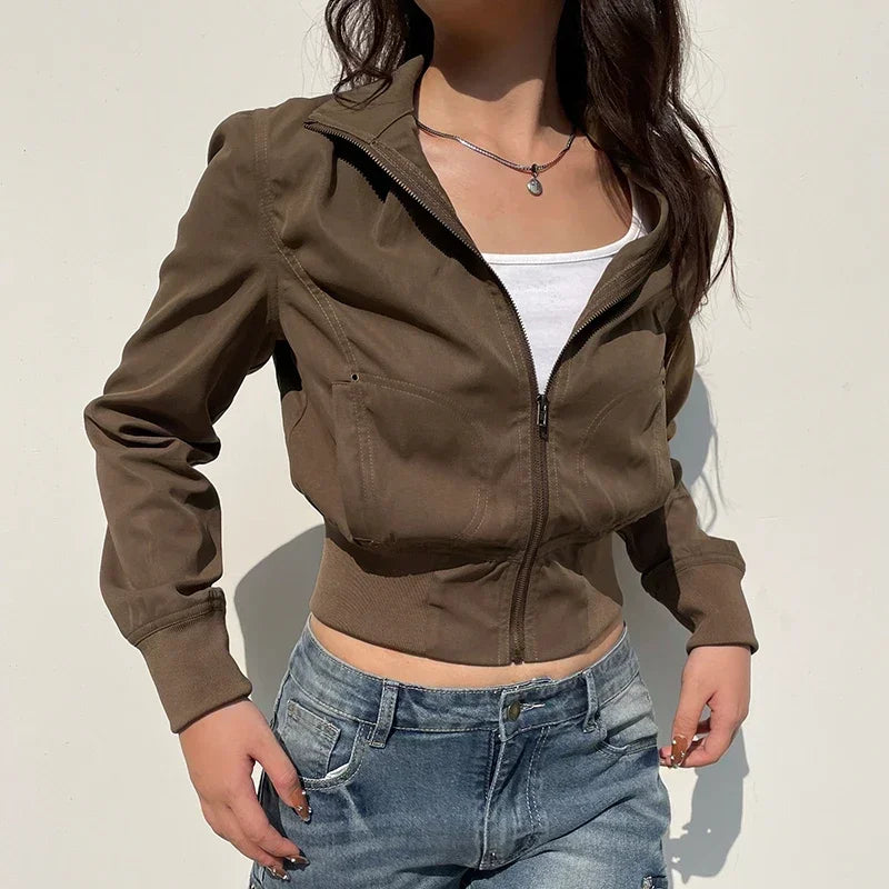 Hnewly Casual Long Sleeves Pockets Cargo Coats Vintage Solid Slim Jackets Y2K Fashion Streetwear Aesthetic Zip Up Clothes