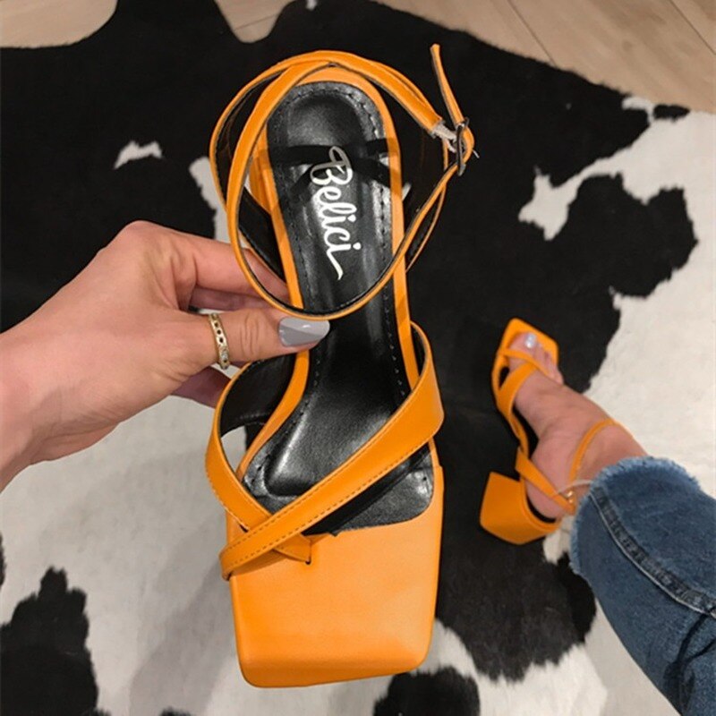 Hnewly Fashion Square Toe High Heel Sandals Women's Chunky Heel Roman Shoes Luxury Sandals Women Designers Elegant Party Sandals