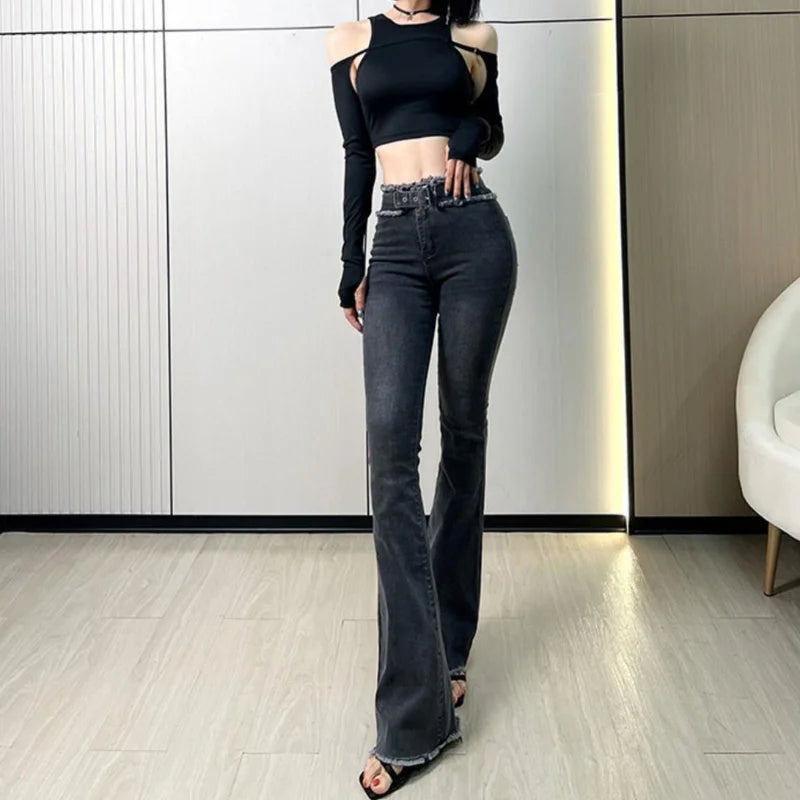 Hnewly Denim Pants for Women Flare Flared Slim Fit Sexy Bell Bottom Skinny Women's Jeans Retro Medium Waist Cowboy Aesthetic Trousers A