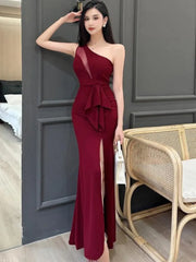 Hnewly Women Sexy Backless Slim Split Long Dress Summer Fashion Elegant Sleeveless Off Shoulder Elegant Club Party Mesh Dresses