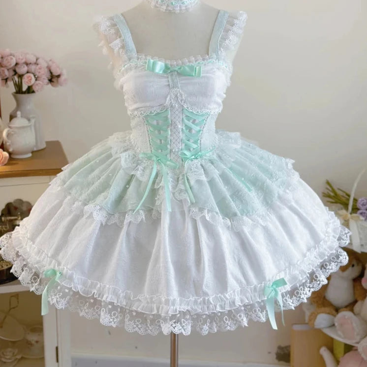 Hnewly Japanese Sweet Lolita Jsk Dress Women Elegant Ruffles Lace Bandage Princess Strap Dresses Girls Y2k Kawaii Tea Party Mini Dress