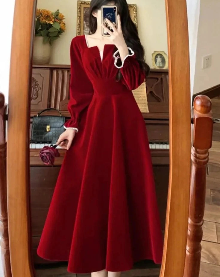 DRESS TO IMPRESS Women Vintage A-line Wedding Party Dress Autumn Fashion Elegant Long Sleeve Backless Red Vestidos Female Princess Robe Spring