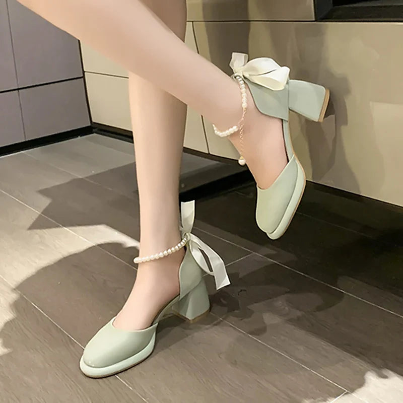 Hnewly Pearl Ankle Buckle Thick Heel Pumps Women Back Bowtie Lace Up Mary Jane Shoes Woman Autumn Platform High Heels Dress Shoes