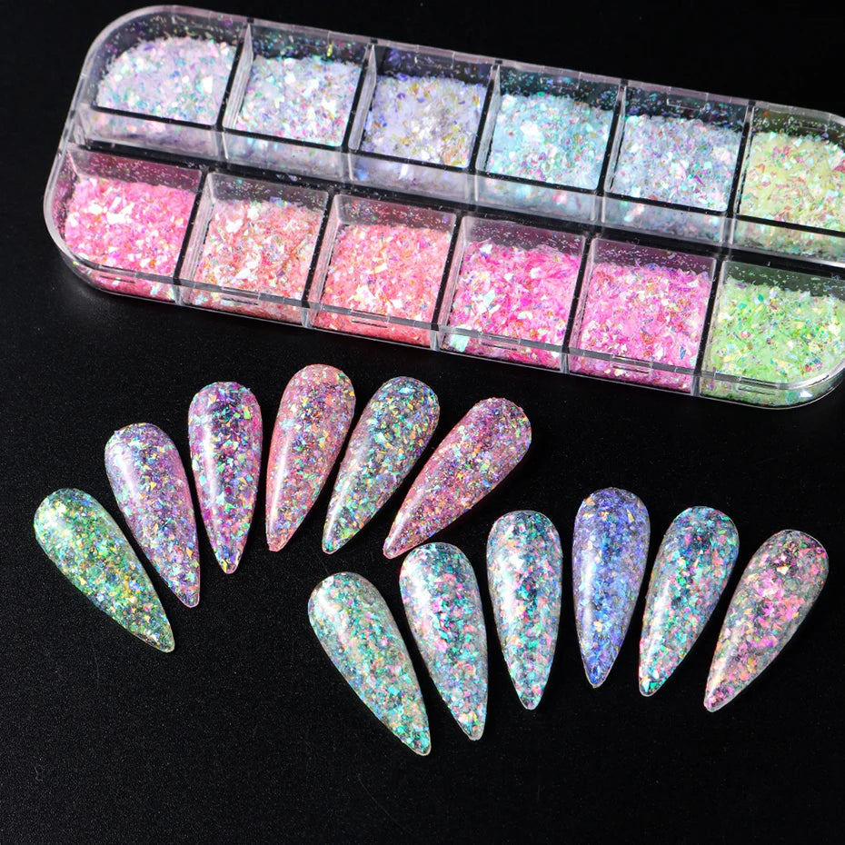 Hnewly 12 Grids Aurora Chameleon Nail Glitter Flakes Irregular Crystal Glass Sequins Powder Shiny Mermaid Paillette Nail Art Decoration