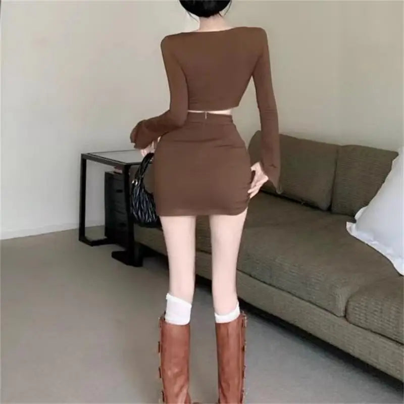 Hnewly Autumn Sexy Two Pieces Skirt Set Women Y2k Long Sleeve Crop Top T-shirt + Skirt Fashion Aesthetic Streetwear Female Suit