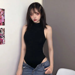 Hnewly Harajuku Black Women T Shirt Y2K Sexy Slim Sleeveless Female Casual Tees Summer Gothic Ladies Bodysuits Clothing Jumpsuit