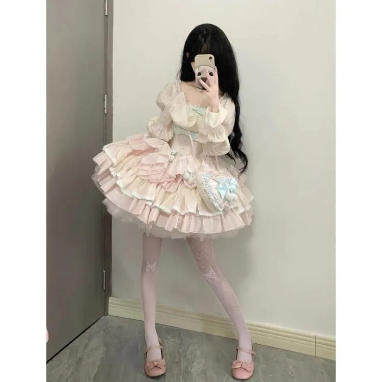 Hnewly Sweet Heavy Lolita Ruched Cake Dress for Women Summer New Slim Waist Dresses Y2k Grunge Long Sleeve Vestidos Mujer