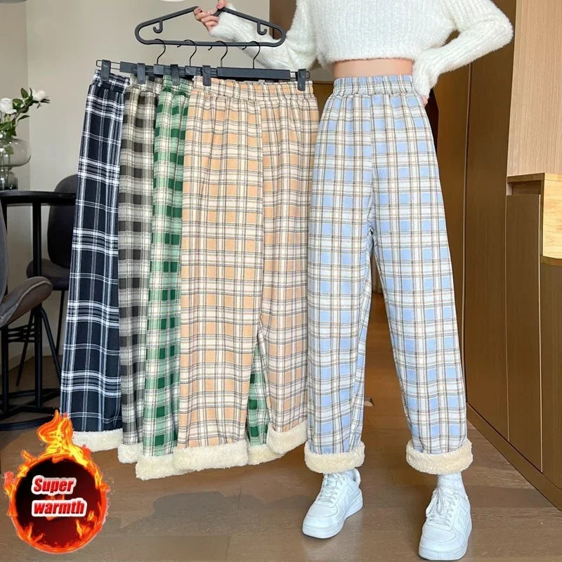 Hnewly Fashion Warm Plush Pants Cashmere Thick Plaid Ladies Winter Casual Loose Wide-legged Pants Korean Streetwear Students