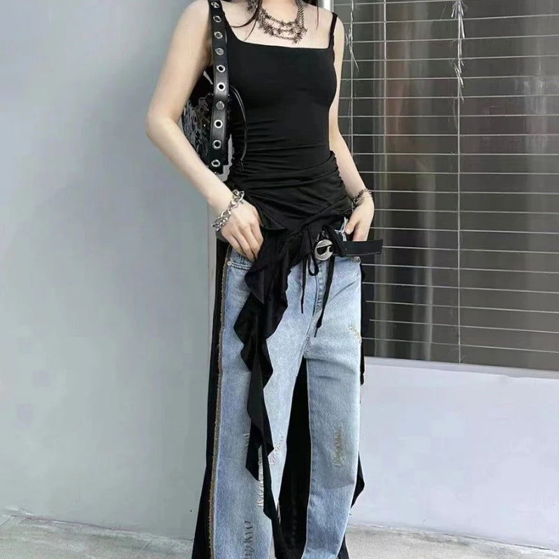 Hnewly Sexy Tank Top Asymmetrical Black Y2k Women Ruffle Grunge Backless Coquette Fashion Streetwear Tops Solid Aesthetics